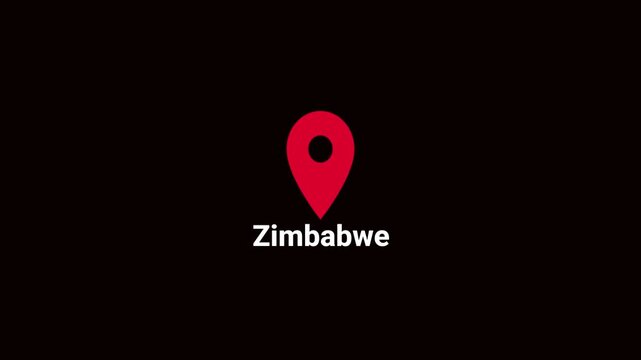 Abstract Zimbabwe map location pin animation. Country location pin pointer icon animated on black background, GPS location tracking animation. 4K video
