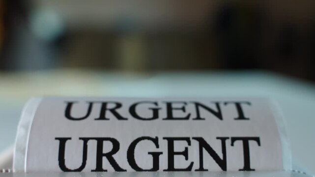 The word URGENT appears in close-up on white paper. Printing the words urgency and deadlines