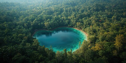 Lung-shaped lake within pristine forest landscape, highlighting rainforest preservation and ecological health, World Environment Day