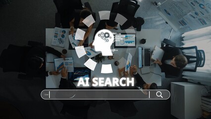 A top-down view of a professional team collaborating in a modern office, focusing on AI search technology for data analysis and strategic planning. Raster