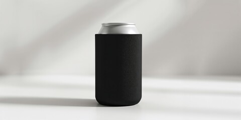 Black neoprene can koozie holder shown from the front, serving as a protective accessory for keeping drinks cold, World Environment Day