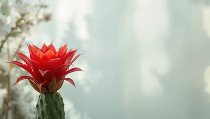 Red cactus flower emerging against a backdrop, highlighting desert plant growth