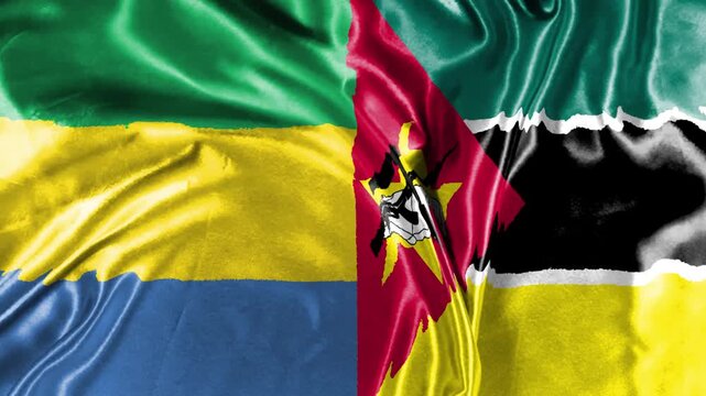 waving colorful flag of gabon and national flag of mozambique