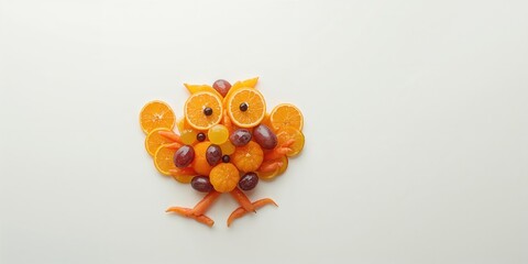 Creative food sculpture featuring an owl crafted from carrots, grapes, orange, and tangerine, emphasizing playful presentation