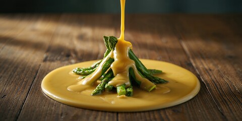 Asparagus being coated with cheese sauce, emphasizing ingredient processing, food presentation style, World Food Day