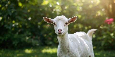 White goat on a farm with lush greenery, animal health and farm maintenance, summer, World Animal Day