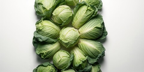 Green savoy cabbages displayed on white surface, ideal for food presentation or layout backgrounds