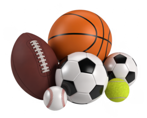 Collection of sports balls including football, basketball, soccer ball, and tennis ball isolated on a transparent background
