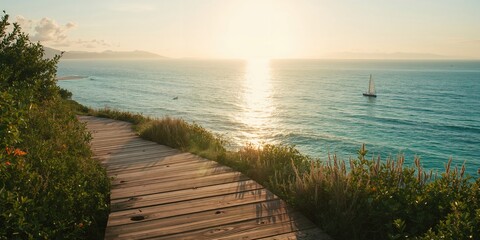 Seaside wooden footpath connecting to the beach, suitable for coastal navigation, World Environment Day