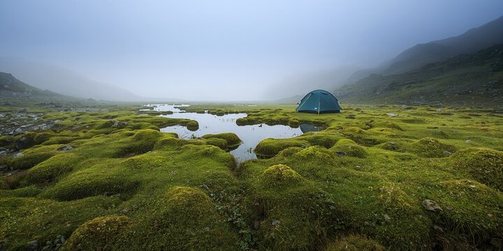 Tent set up in a swamp within Rapadalen, Sarek National Park, exposed to wetland conditions, Earth Day