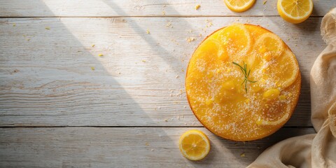Lemon-flavored cake topped with candied lemon slices and zest, showcasing fresh fruit in baking, food and drink, World Baking Day