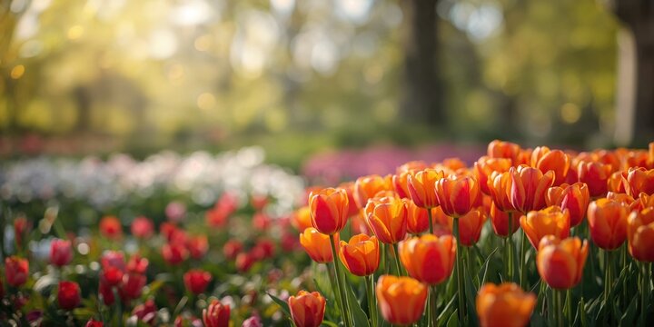 Colorful tulip blossoms in a spring garden, serving as a vibrant background for floral design projects