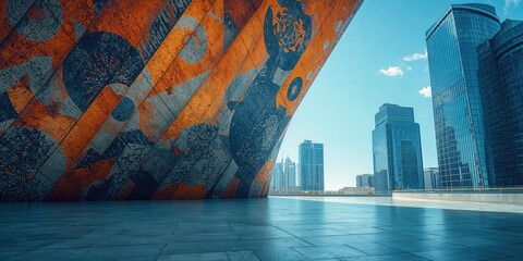 Detail of fabric exterior with geometric pattern serving as cityscape backdrop, highlighting architectural elements