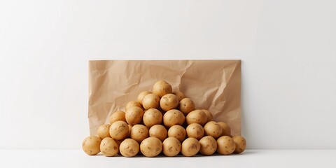 Pile of potatoes resting against a brown paper surface, suitable for food preparation or packaging layout, World Potato Day