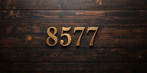Wooden numerals 8577 painted in gold on a dark brown and white patterned plank background, serving as a vintage home concept with textured design elements