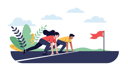 Determined man and woman are poised at the starting line of a race track ready to begin their competitive sprint towards the goal.