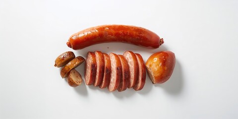 Whole and sliced boiled sausage on a plain white surface, highlighting food processing technique