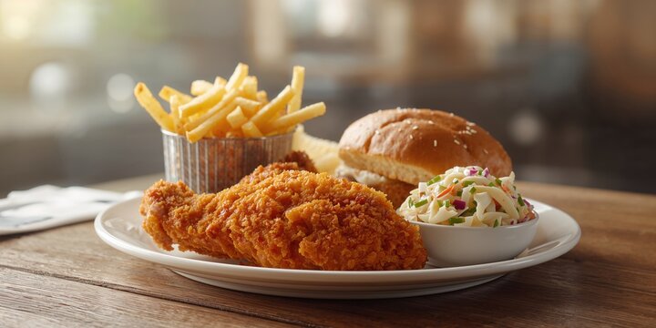 Single serving broasted chicken accompanied by coleslaw buns and fries, highlighting fast food intake