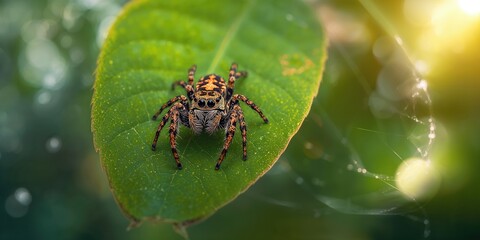 Jumping spider perched on a plant leaf, highlighting insect behavior and macro photography focus