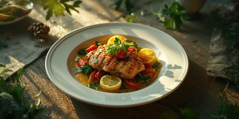 Cooked chicken breast with butter, lemon, and garlic on a white plate, highlighting flavoring methods