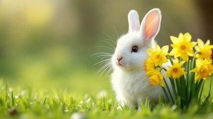 Fototapeta premium A cute white Easter bunny sitting in green grass with yellow daffodil flowers. Small fluffy rabbit in a spring meadow with copy space for text