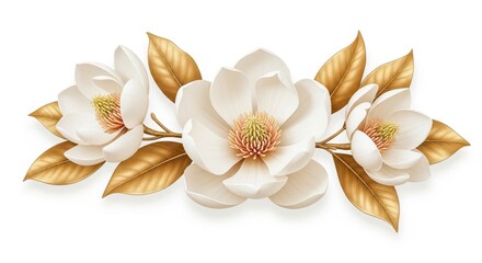 Beautiful white magnolia flowers with golden leaves