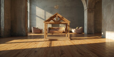 Detail of a wooden frame model on a concrete surface, used for showcasing artwork or marketing, interior setting