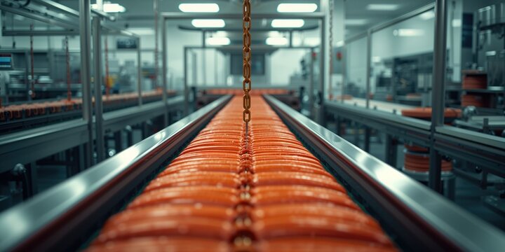 Automated sausage production line operating with a conveyor system, food industry automation