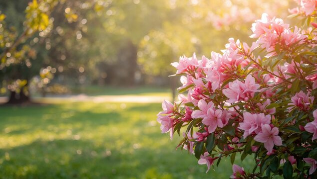 Pink azalea blossoms with green foliage in spring, used as a seasonal floral backdrop