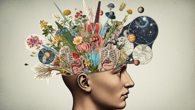 A surreal collage illustration of a human head in profile, with flowers, anatomical drawings, and celestial maps exploding from it.
