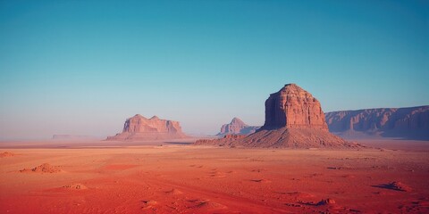 Vivid desert scene featuring striking red rock formations and bright sunlight, highlighting erosion processes, travel scenery