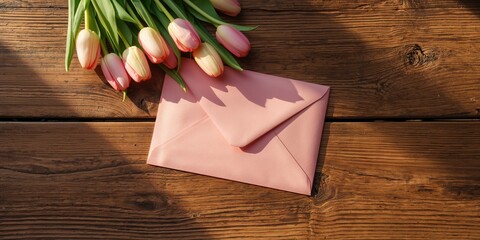 Pink envelope with tulips on a wooden table, decorative paper for correspondence or crafts, World Postal Day