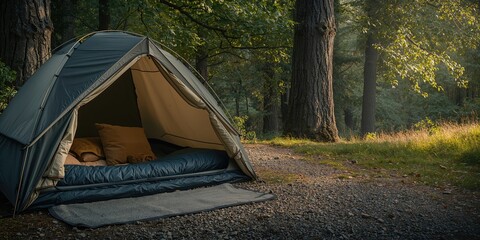 Outdoor sleeping arrangement featuring a durable tent, thermal sleeping bag, pillow, and ground pad for camping, seasonal change