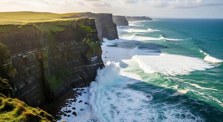 dramatic cliffside view of waves crashing against rugged irish coastline at sunset dramatic sea spray mist on wild atlantic ocean