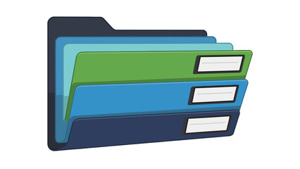 Stacked digital file folders in green blue and dark blue with white labels