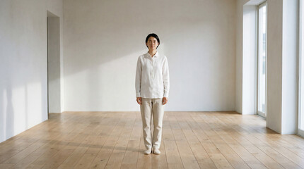 白いミニマルな部屋に佇む日本人のポートレート
