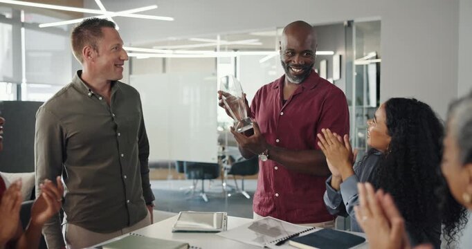 Award, hand shake or team in office with clapping, celebration or congratulations in business recognition. Happiness, people or employees with applause, achievement or well done in company prize