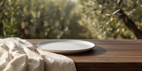 Mock kitchen scene featuring a bare halfplate on wood, with a blurred olive grove background, for layout planning
