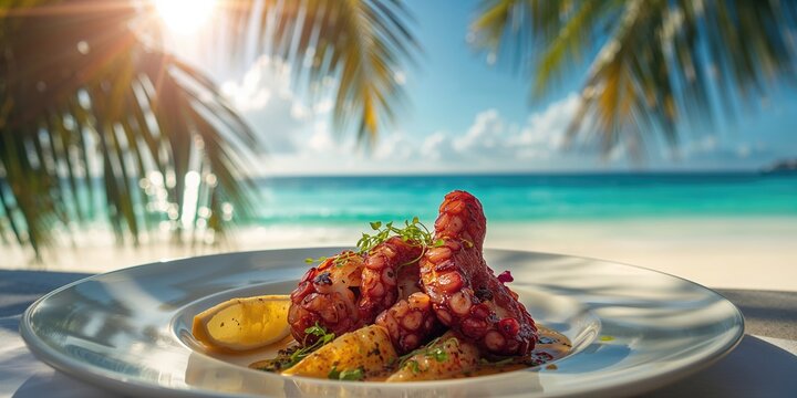 Seafood dish featuring grilled octopus on a Caribbean beach, focusing on sustainable fishing practices, World Oceans Day