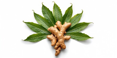 Fresh ginger and leaves displayed against a white backdrop emphasizing natural flavor and health benefits © AIArtistry