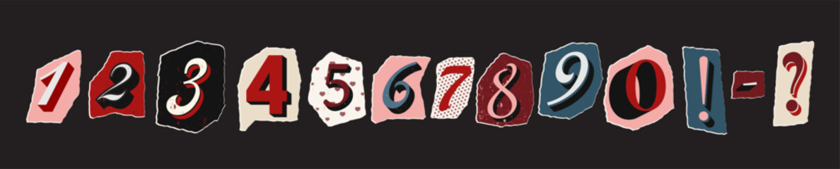 Magazine cutout numbers Valentines Day. Cut cute numbers. Typography pink type from newspaper. Pop art clipping word. Vector Cute Romantic grunge ripped and torn ABC.
