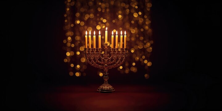 Hanukkiah with lit candles on dark backdrop with golden bokeh, ritual lighting for festival celebration