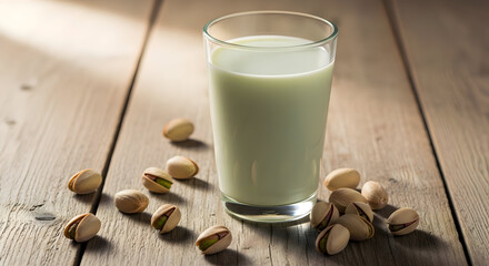 Glass of creamy pistachio milk on wooden table with scattered nuts around it for healthy snack