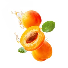 Fresh ripe apricots with a sliced half revealing the seed, captured in dynamic motion with a refreshing juice splash, highlighting natural texture, vibrant color, and freshness. 