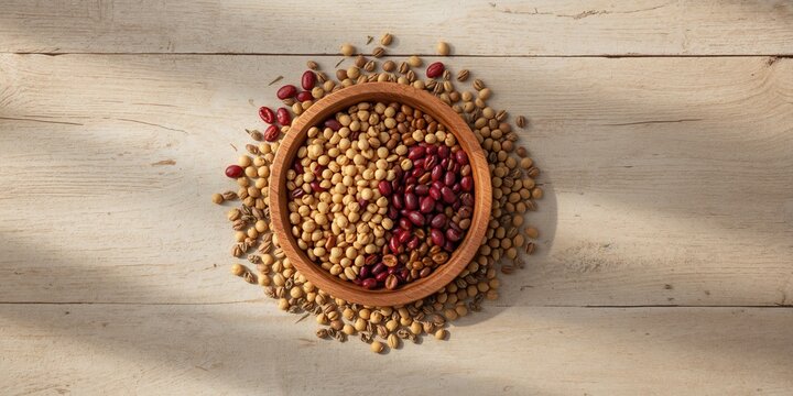 Assorted pulses such as lentils soybeans chickpeas and kidney beans displayed overhead on a background for meal planning