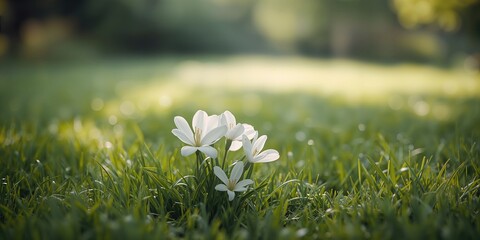 White flowers on a grassy surface serving as a decorative natural setting, Earth Day