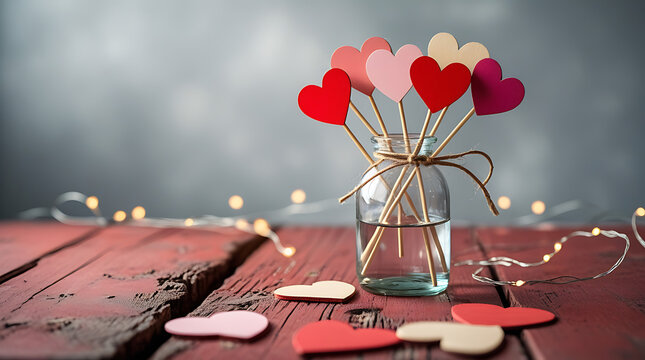 Valentine&rsquo;s Day Romantic Heart Still Life in Glass Bottle, Rustic Decor with Wooden Hearts and Soft Fairy Lights