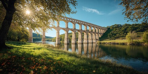 Naklejka premium Historic stone aqueduct spanning across a river, highlighting architectural heritage for cultural preservation