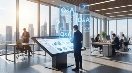 Businessman analyzing data on interactive screen in modern office