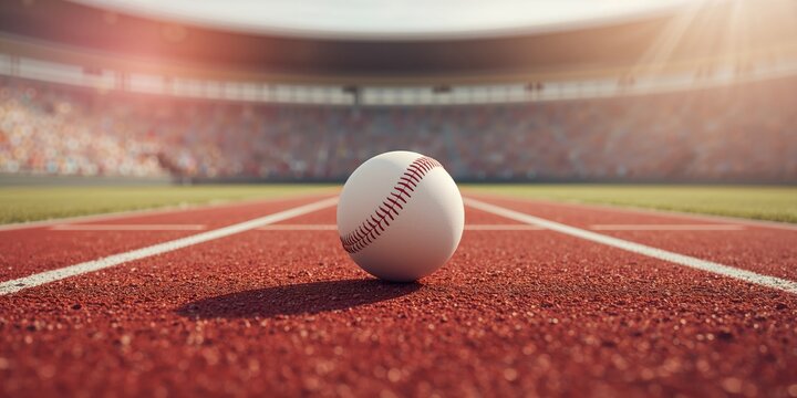 Baseball resting on red rubber track surface, sports gear for field use, athletic training environment, sports surface background